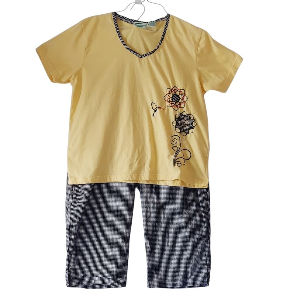 Shenanigans Women's Capri Pants & Top Set Size XL Yellow Shirt Black Checkered